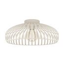 Moderne Deckenlampe mit weißem, rundem Metallgitter und sichtbarer LED-Glühbirne auf schwarzem Hintergrund.