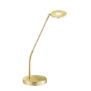 Moderne LED-Schreibtischlampe aus Messing mit flexiblem Arm, rundem Fuß und energiesparender Beleuchtung.