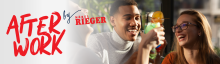 Drei junge Menschen stossen mit Cocktails an und lachen, unten links der Schriftzug „After Work by Möbel Rieger“.  