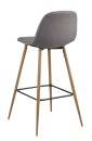 Moderner Barhocker mit grauem Stoffbezug, Holzbeinen und schwarzer Fußstütze, skandinavisches Design.