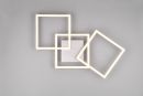 Drei leuchtende, überlappende LED-Quadrate auf grauem Hintergrund, modernes geometrisches Design.