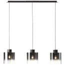 Moderne dreiflammige Pendelleuchte mit schwarzen Fassungen und Glaslampenschirmen, ideal für Esszimmer.