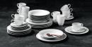 Weißes Porzellan-Geschirrset mit Tellern, Tassen und Schalen auf dunklem Untergrund, modern und elegant.