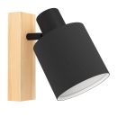 Moderne Wandleuchte mit schwarzem Lampenschirm und Holzhalterung, minimalistisches Design für Wohnräume.
