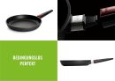 Antihaft-Pfanne mit abnehmbarem Griff, Seitenansicht, Detailaufnahme, Slogan „Bedingungslos Perfekt“.