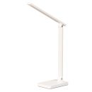 Moderne, weiße LED-Schreibtischlampe mit verstellbarem Arm auf weißem Hintergrund, energiesparend und minimalistisch.