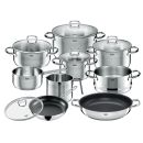 Set aus Edelstahl-Kochtöpfen und Pfannen mit Glasdeckeln, ideal für vielseitiges Kochen in der Küche.