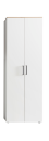 Weißer, moderner Kleiderschrank mit zwei Türen und silbernen Griffen, ideal für Schlafzimmer oder Flur.