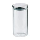 Transparente Vorratsdose aus Glas mit silbernem Edelstahldeckel, ideal zur Aufbewahrung von Lebensmitteln.