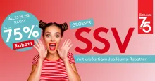Grafik zur Jubiläumsaktion: GROßER SSV bei Möbel Rieger mit bis zu 75 % Rabatt – nur solange der Vorrat reicht. Alles muss raus! Hinweis: Die Aktionsbedingungen findest DU unter dem Bild.