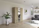 Moderner Kleiderschrank aus Holz mit Spiegel in hellem Wohnzimmer, Zimmerpflanze und graues Sofa im Hintergrund.