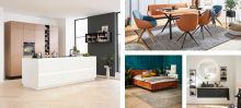 Collage moderner Wohnbereiche: Küche, Esszimmer, Schlafzimmer und Bad mit stilvoller Einrichtung.  