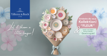 Bouquet aus buntem Porzellan-Geschirr der Kollektion „Fleur“ von Villeroy & Boch, Gewinnspiel-Hinweis.