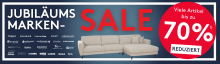 Banner zum Jubiläums-Marken-SALE bei Möbel RIEGER: Rotes SALE-Highlight mit bis zu 70 % Rabatt auf viele Markenartikel, abgebildet mit einem hellgrauen Ecksofa und Logos beliebter Möbelmarken . Details zum Rabatt siehe unten stehenden Text.