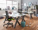 Modernes, helles Büro mit zwei Schreibtischen, Laptops, Regalen, Holzfußboden und großen Fenstern.