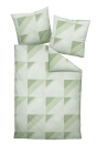 Bettwäsche-Set mit grünem, geometrischem Dreiecksmuster auf weißem Hintergrund, moderne Schlafzimmer-Deko.