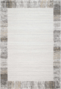 Moderner Teppich in Beige mit gemustertem, grauem und beigem Rand, rechteckig, minimalistisches Design.
