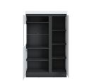 Moderner, zweitüriger Schrank mit schwarzen Regalböden und Glaseinlegeboden, ideal für Wohnzimmer-Aufbewahrung.