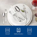 Modernes Edelstahl-Besteck auf weißem Porzellanteller mit Weinglas, spülmaschinenfest und rostfrei.