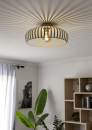 Moderne Deckenlampe mit weißem, rundem Metallgitter und sichtbarer LED-Glühbirne auf schwarzem Hintergrund.