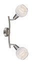 Moderne LED-Wandleuchte aus Edelstahl mit zwei verstellbaren Spots und weißem Glas für Wohnzimmer oder Flur.