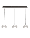 Moderne dreiflammige Pendelleuchte mit weißen Glasschirmen und schwarzer Aufhängung für Esszimmer oder Küche.