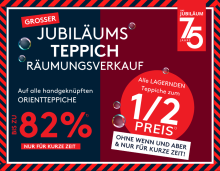 Werbegrafik zum Jubiläums-Teppichräumungsverkauf mit bis zu 82% Rabatt auf handgeknüpfte Orientteppiche.