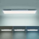 Moderne LED-Deckenleuchte mit rechteckigem Design, zeigt verschiedene Lichtfarben: warmweiß, neutralweiß, kaltweiß.