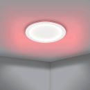 Moderne LED-Deckenleuchte mit rundem Design, weißem Licht und rotem Farbakzent an der Zimmerdecke.