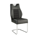 Moderner Freischwinger-Stuhl mit schwarzem Kunstleder, Metallgestell und ergonomischer Ru00fcckenlehne.