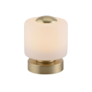 Moderne Tischlampe mit rundem, mattem Glas und goldfarbenem Sockel, stilvolle Beleuchtung für Wohnzimmer.