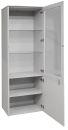 Weißer Metallschrank mit Glastür, mehreren Einlegeböden und offener Tür, ideal für Büro oder Praxis.