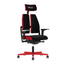 Ergonomischer Bürostuhl Xilium G in Schwarz-Rot mit geteiltem Rücken, Kopfstütze und verstellbaren Armlehnen.