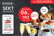 Sektfrühstück mit Brötchen, Croissants, Obst, Sektgläsern und Live-Musik im Riegers Café Esslingen.