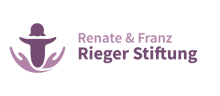 Logo der Renate & Franz Rieger Stiftung mit stilisierter Figur in schützenden Händen und violettem Schriftzug.