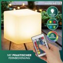 Leuchtender LED-Würfel für Garten oder Terrasse, per Fernbedienung steuerbar, Farbwechsel und Dauerlicht.