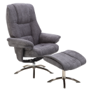 Grauer Relaxsessel mit passendem Hocker, gepolstert, auf Metallfüßen, ideal für Wohnzimmer und Büro.