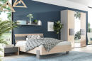 Modernes Schlafzimmer mit Holzbett, Nachttisch, Kleiderschrank, Pflanzen und blauer Wand im Tageslicht.