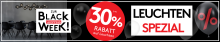 Banner mit Black Shopping Week, 30% Rabatt auf Leuchten, Leuchtenspezial, schwarze Ballons und moderne Lampen.