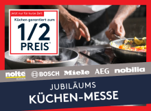 Kochszene mit Pfannen, Jubiläums-Küchenmesse, Küchenmarken, Angebot: Küchen zum halben Preis, rote Umrandung.