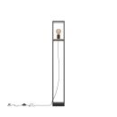 Moderne Stehlampe mit schwarzem, rechteckigem Rahmen, sichtbarer Glühbirne und Kabel auf weißem Hintergrund.
