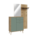Moderner Flur-Garderobenschrank aus Holz mit Spiegel, grünen Türen, Schubladen und Kleiderhaken.