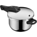 Edelstahl-Schnellkochtopf mit schwarzem Griff und Deckel, Küchengerät für schnelles und energiesparendes Kochen.
