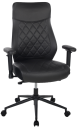 Ergonomischer schwarzer Bürostuhl mit verstellbaren Armlehnen und gepolsterter Rückenlehne auf Rollen.