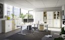 Modernes, helles Büro mit Schreibtisch, Monitoren, Aktenschränken, Pflanzen und großen Fenstern im Tageslicht.