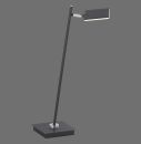 Moderne schwarze LED-Schreibtischlampe mit rechteckigem Lampenkopf auf quadratischem Standfuß.
