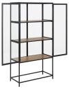 Modernes Regal mit schwarzem Metallrahmen, Glastüren und drei Holzregalböden, Industrial Design.