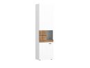 Weißer Hochschrank mit Holzelement, drei Türen, modernem Design und offenem Regal, ideal für Wohnzimmer.