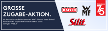 Grosse Zugabe-Aktion von WMF, Silit und Kaiser: Beim Kauf erhält man ein WMF-Produkt gratis. Gültig bis 30.08.25. Logos der Marken und 75-Jahre-Jubiläum abgebildet.