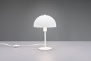 Weiße Design-Tischlampe mit rundem Schirm auf grauem Tisch vor grauem Hintergrund, modernes Wohnaccessoire.